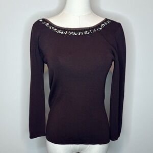 Vintage J.A.C. Brown Long Sleeve Top Women Small Leopard Trim Knit Classic